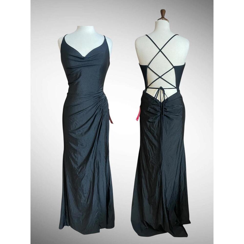 NWT GB Social Jersey Ruched Lace-Up Back Long black Dress size 15